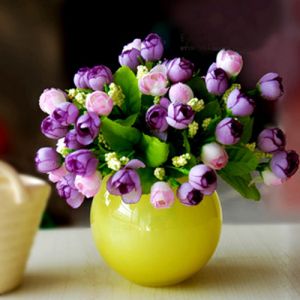Photos of vases - pink and purple flowers in yellow vase.jpg